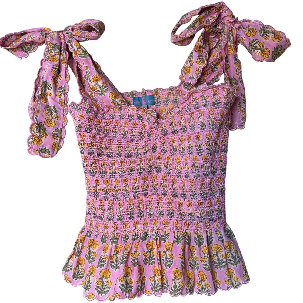 Ella Gray Pink Floral Block Print Smocked Peplum Top Tie Shoulder NWT Large